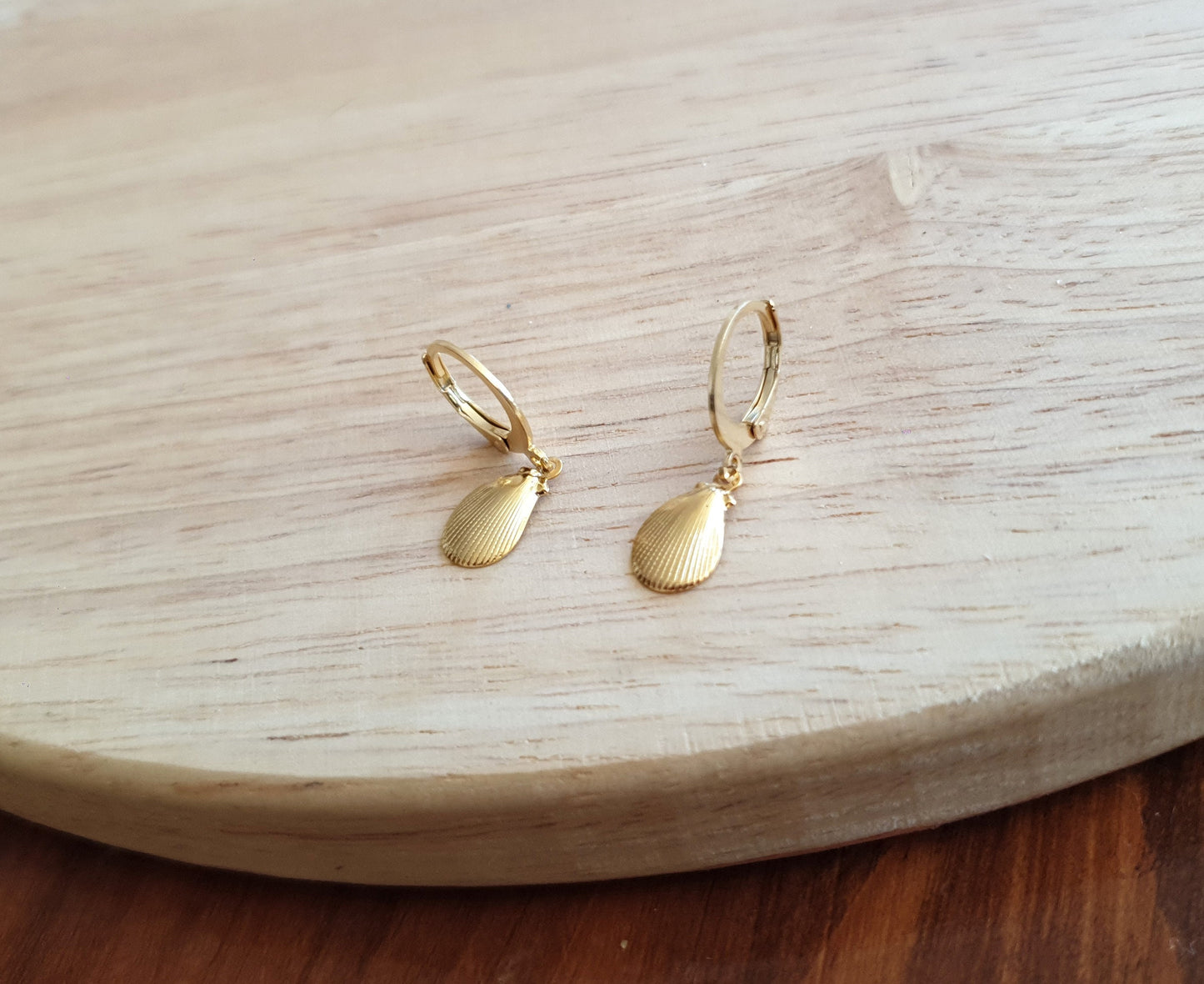 Gold Shell Earrings, Gold Stainless Steel Dangle Drops, Choose Leverback or Hook Earwire Earrings.