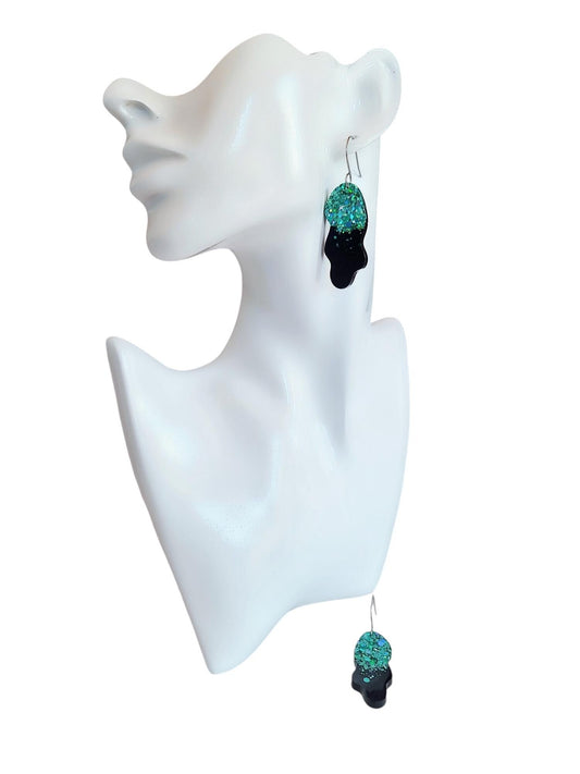 Turquoise Black Wave Liquid Shape Dangle Drop Earwire Earrings, Statement Handmade Resin Earrings, Hypoallergenic