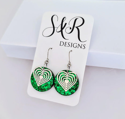Silver Heart Emerald Green Circle Resin Drop Earrings, Statement Green Glitter Earrings, Stainless Steel Hypoallergenic Earrings.
