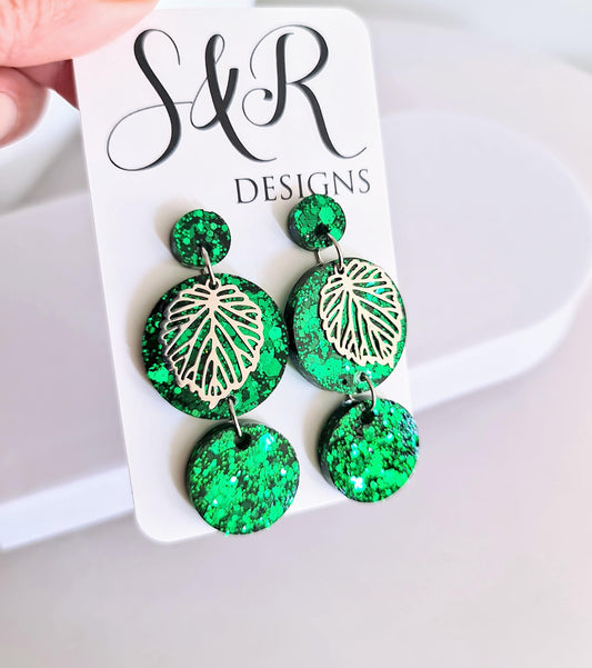 Silver Leaves Emerald Green Circle Long Resin Earrings, Statement Green Glitter Earrings, Stainless Steel Hypoallergenic Earrings.