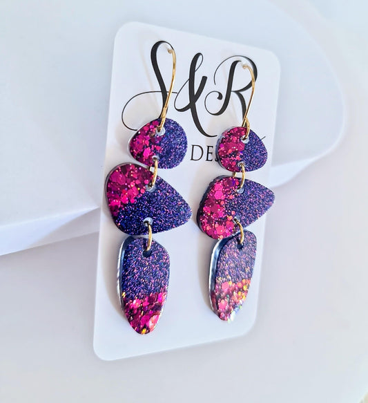 Abstract Long Dangle Earrings, Statement Purple Magenta Glitter Handmade, Long Gold Earwire Earrings, Lightweight Hypoallergenic Earrings