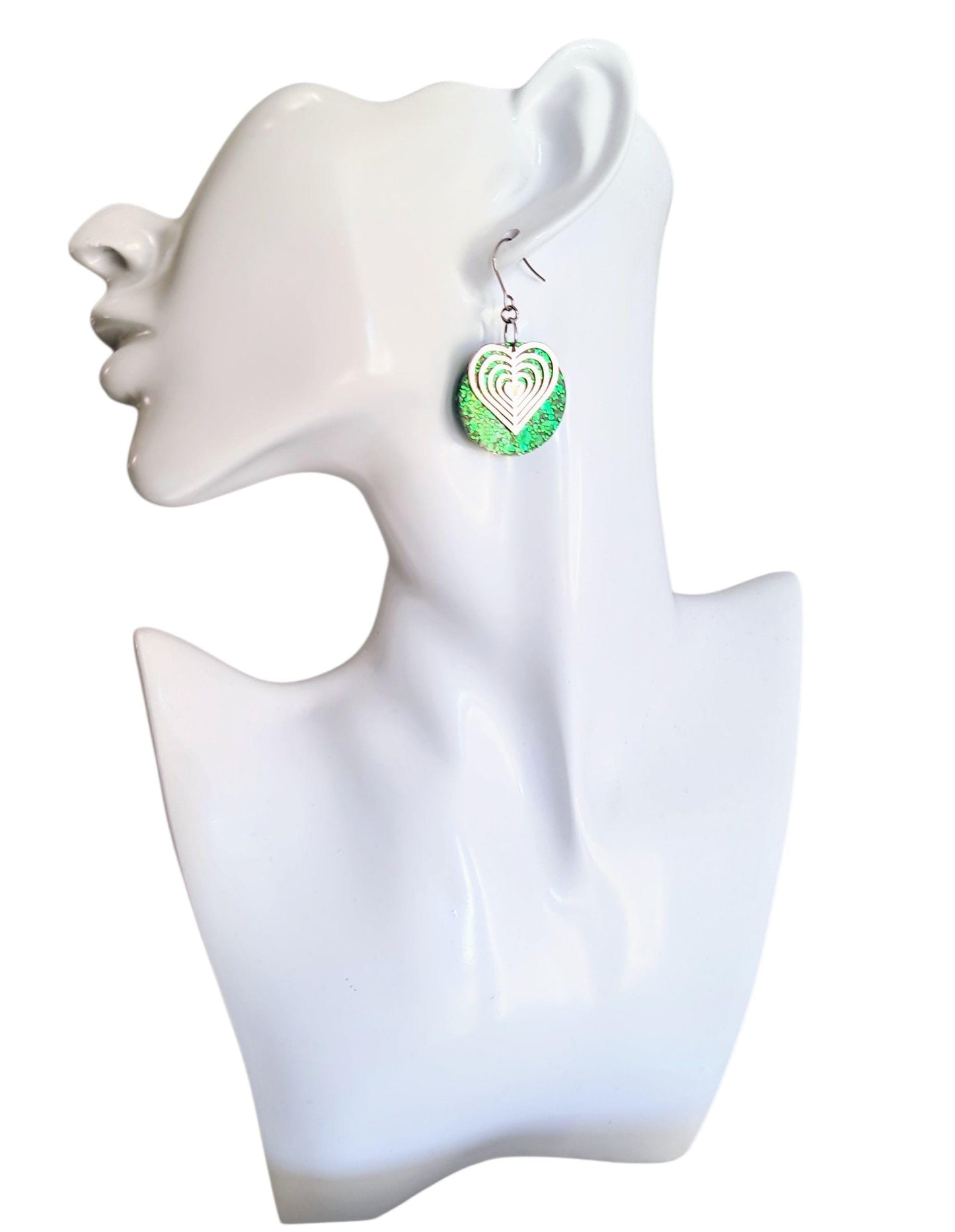 Silver Heart Emerald Green Circle Resin Drop Earrings, Statement Green Glitter Earrings, Stainless Steel Hypoallergenic Earrings.