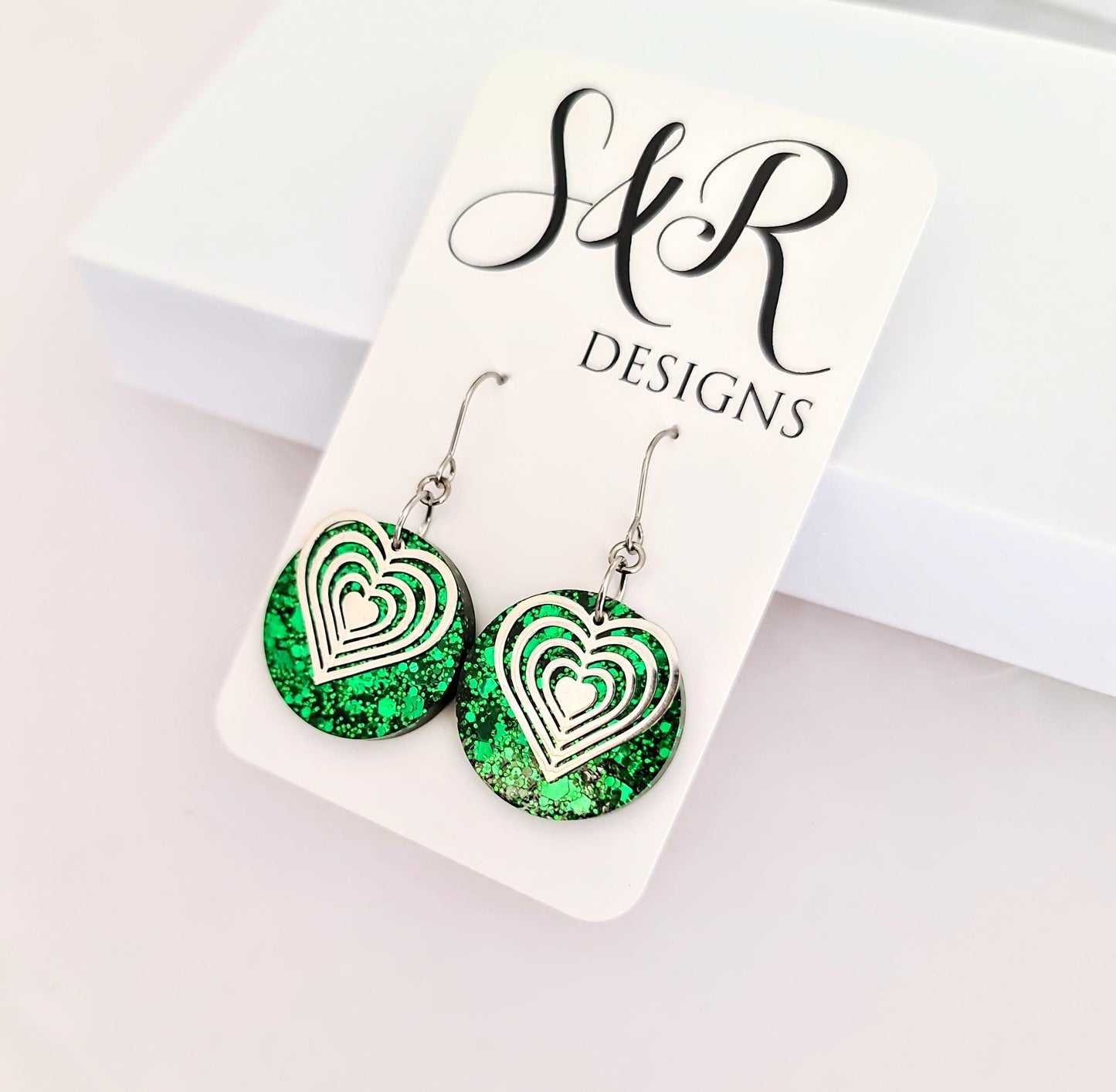 Silver Heart Emerald Green Circle Resin Drop Earrings, Statement Green Glitter Earrings, Stainless Steel Hypoallergenic Earrings.