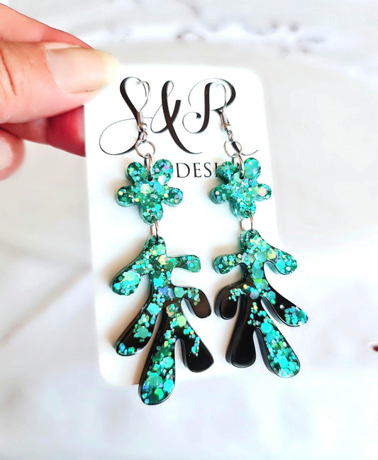 Turquoise Black Flower Leaves Dangle Drop Earrings, Turquoise Holographic Glitter Black Resin Dangles, Statement Earrings Stainless Steel