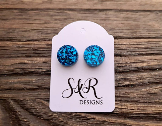 Blue Circle Dot Resin Stud Earrings, Blue Glitter Stud Earrings, Stainless Steel Stud Earrings. 12mm