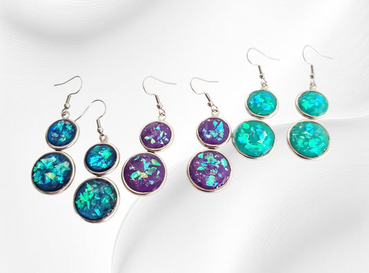 Opal Design Double Circle Drop Earrings, 3 Colours to Choose - Blue, Teal, Purple Dangles, Statement Resin Hypoallergenic Handmade Earrings