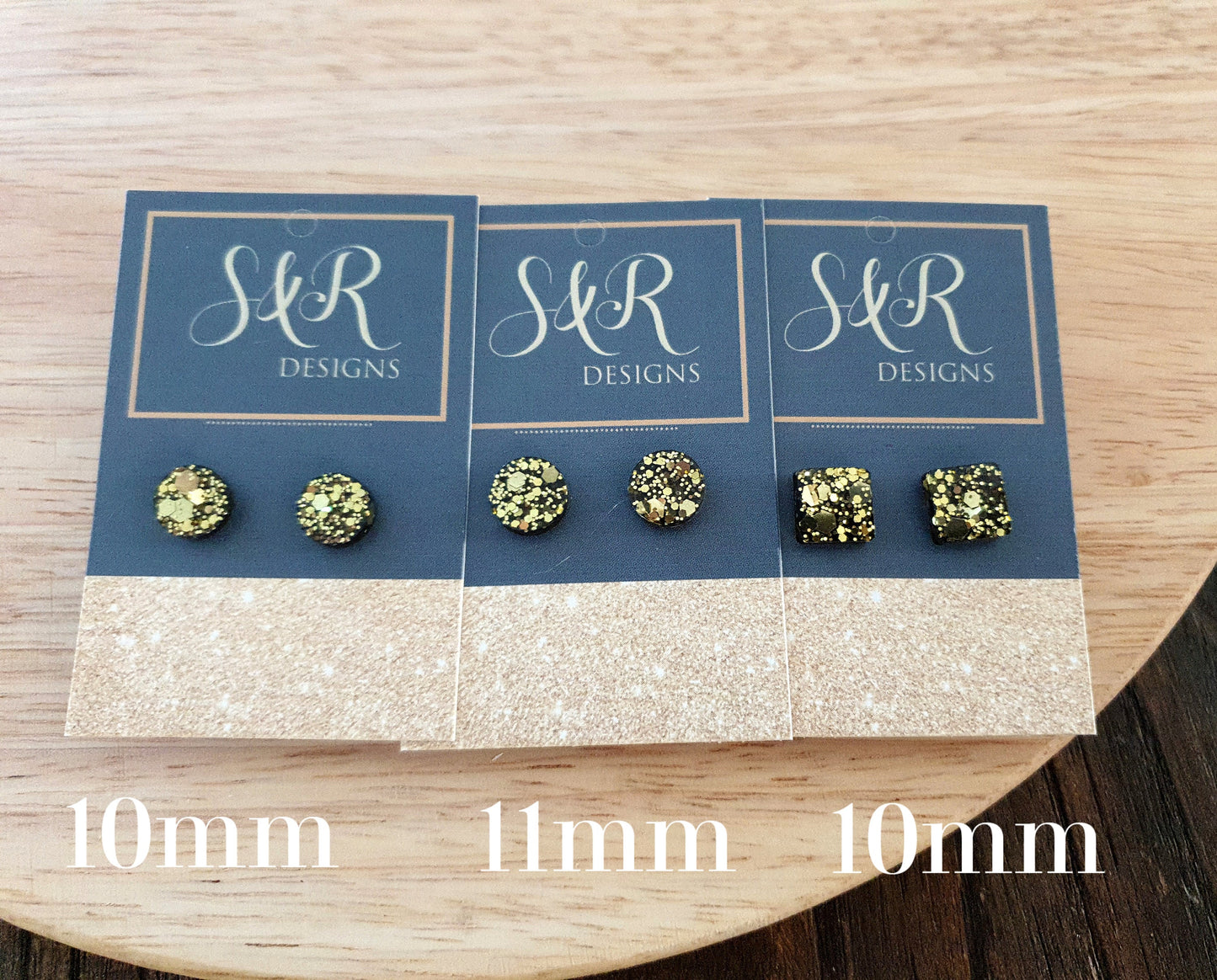 Gold Circle Dot Resin Stud Earrings or Square Glitter Earrings, Choose your Style. Stainless Steel Minimalist Stud Earrings. 10mm or 11mm