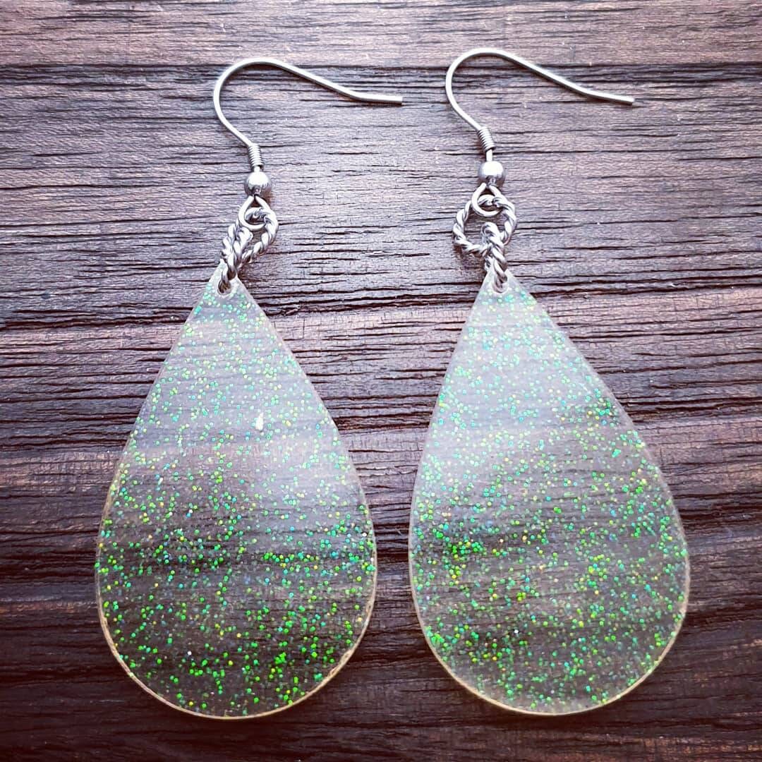 Rainbow Glitter Resin Teardrop Dangle Statement Earrings