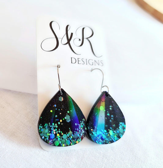 Teardrop Dangles, Holographic Turquoise Teardrop Earwire Earrings, Glitter Changing with Holographic Design, Geometric Statement Earrings