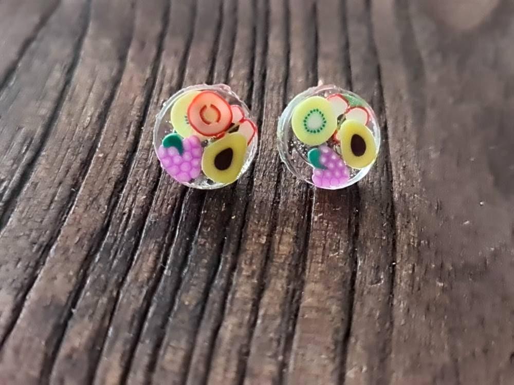 Fruit Salad Dot Resin Stud Earrings, Grapes, Avocado, Kiwi, Apple. Stainless Steel, Polymer Clay Resin Minimalist Stud Earrings.