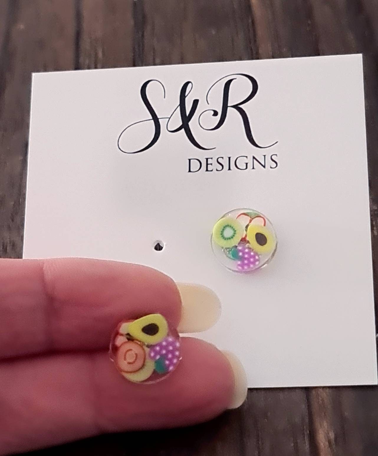 Fruit Salad Dot Resin Stud Earrings, Grapes, Avocado, Kiwi, Apple. Stainless Steel, Polymer Clay Resin Minimalist Stud Earrings.
