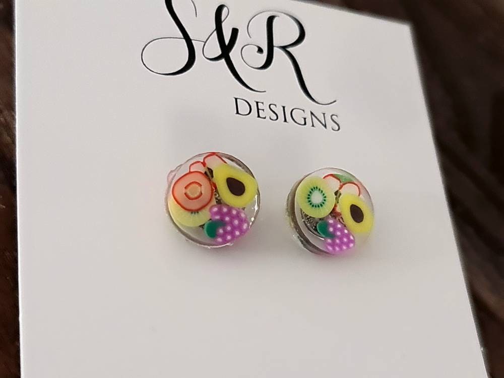 Fruit Salad Dot Resin Stud Earrings, Grapes, Avocado, Kiwi, Apple. Stainless Steel, Polymer Clay Resin Minimalist Stud Earrings.
