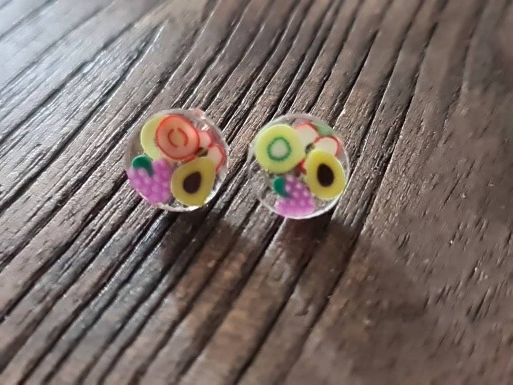 Fruit Salad Dot Resin Stud Earrings, Grapes, Avocado, Kiwi, Apple. Stainless Steel, Polymer Clay Resin Minimalist Stud Earrings.