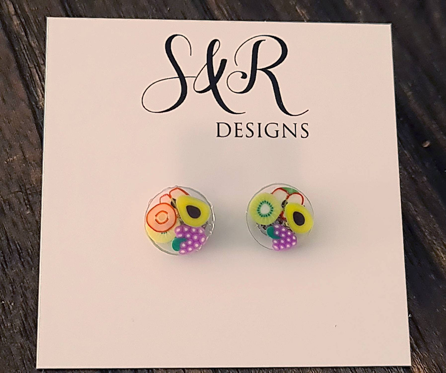 Fruit Salad Dot Resin Stud Earrings, Grapes, Avocado, Kiwi, Apple. Stainless Steel, Polymer Clay Resin Minimalist Stud Earrings.
