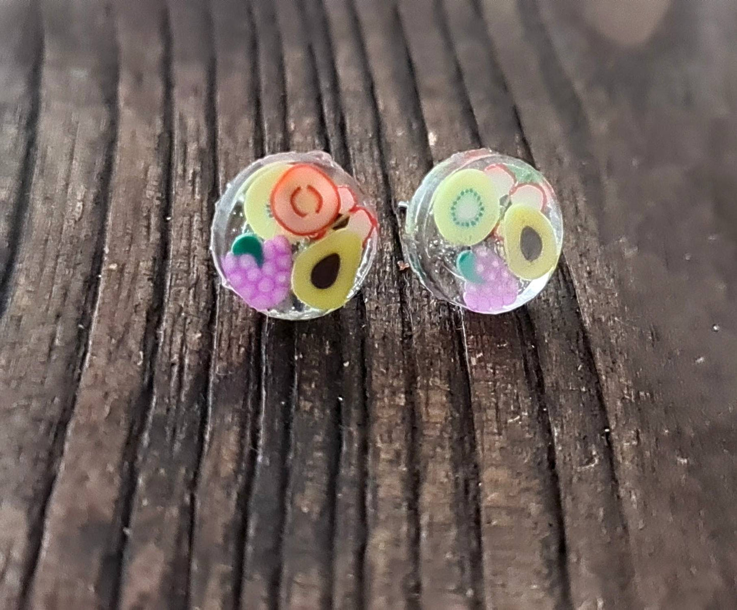 Fruit Salad Dot Resin Stud Earrings, Grapes, Avocado, Kiwi, Apple. Stainless Steel, Polymer Clay Resin Minimalist Stud Earrings.