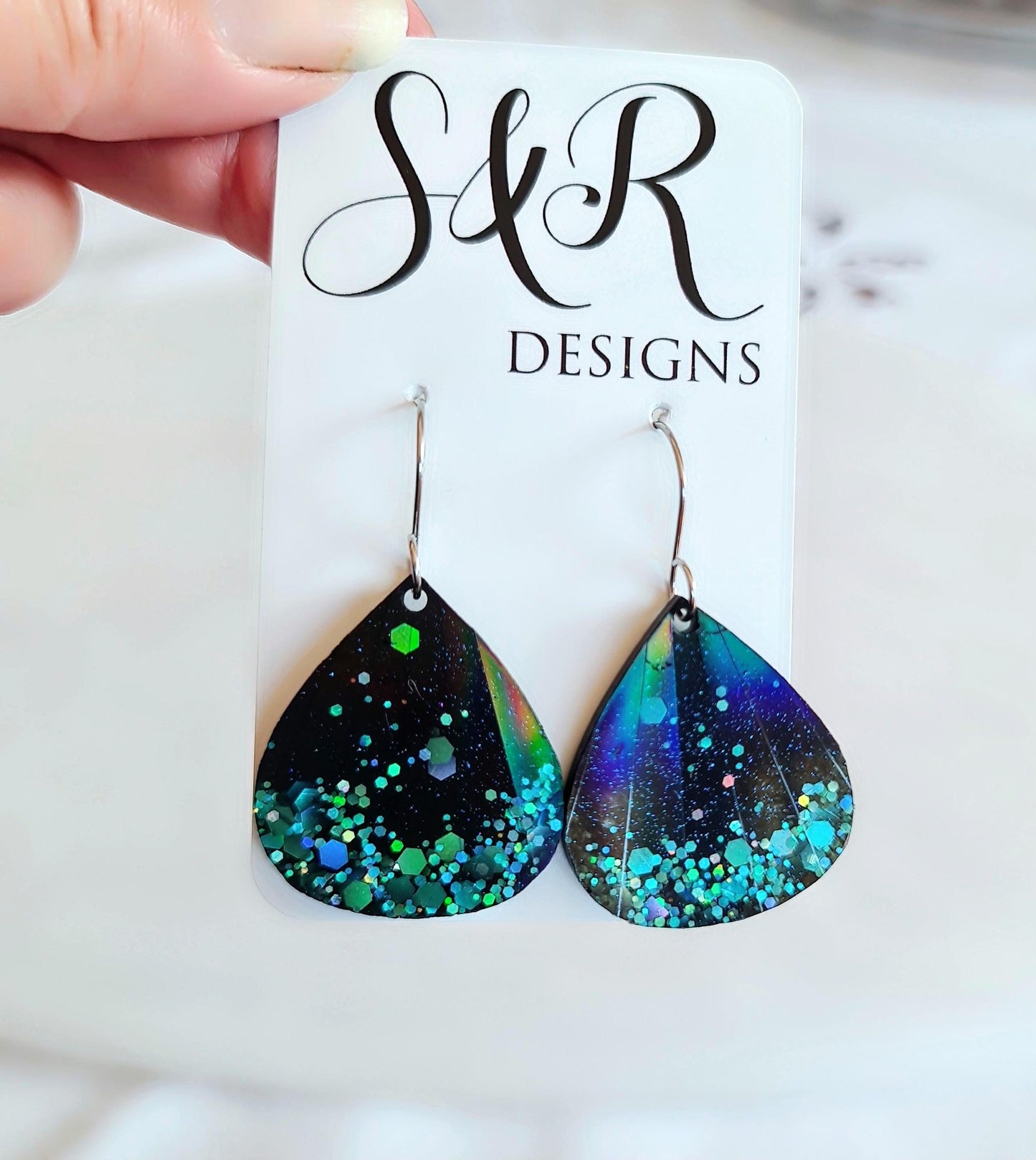 Teardrop Dangles, Holographic Turquoise Teardrop Earwire Earrings, Glitter Changing with Holographic Design, Geometric Statement Earrings
