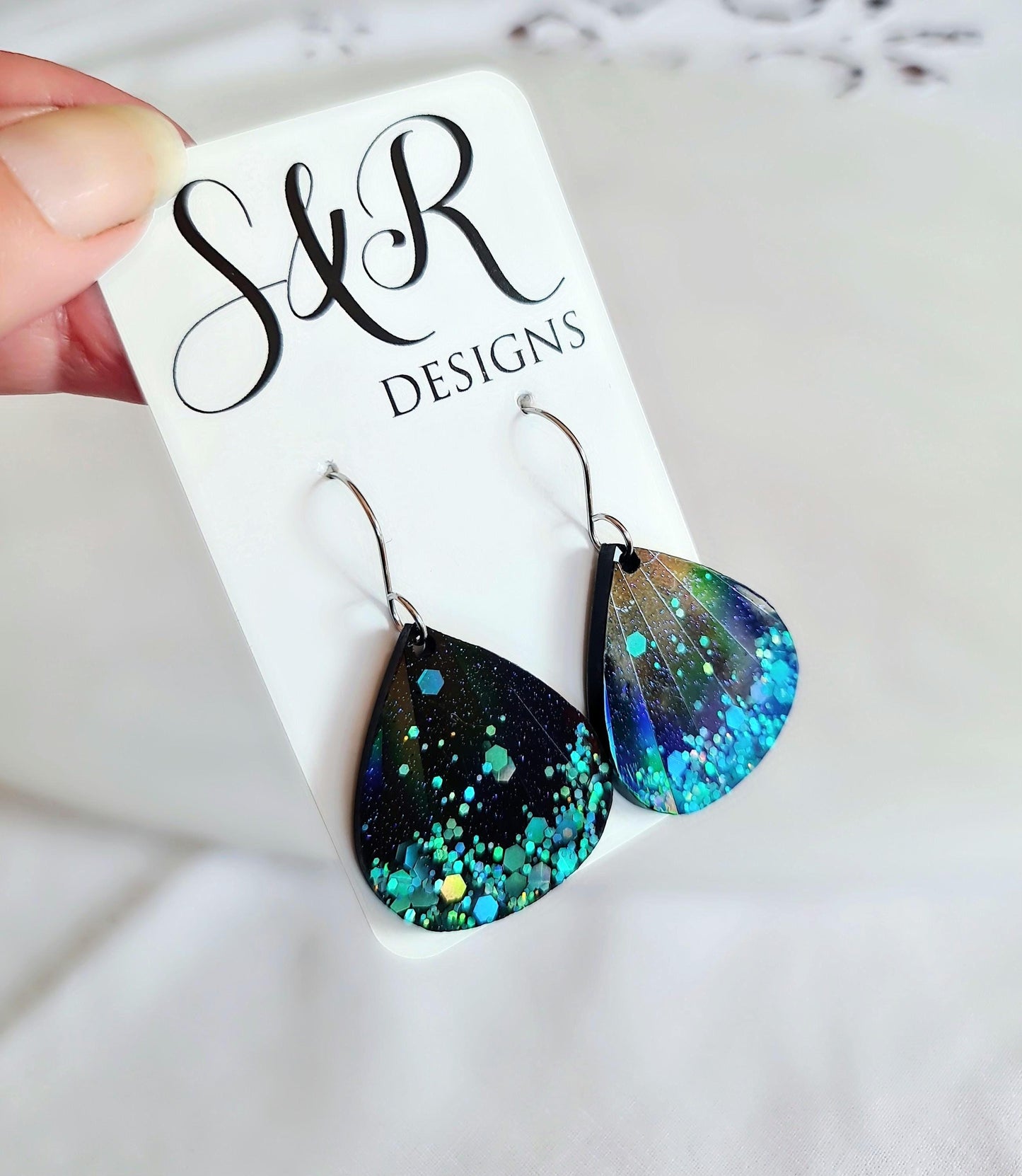Teardrop Dangles, Holographic Turquoise Teardrop Earwire Earrings, Glitter Changing with Holographic Design, Geometric Statement Earrings