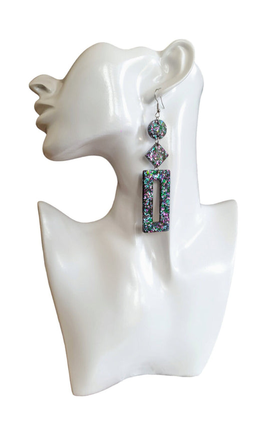 Multicoloured Rectangle Long Dangle Earrings, Statement Silver Blue Green Pink Glitter Handmade, Extra Long Dangle Earrings, 10.5cm Long