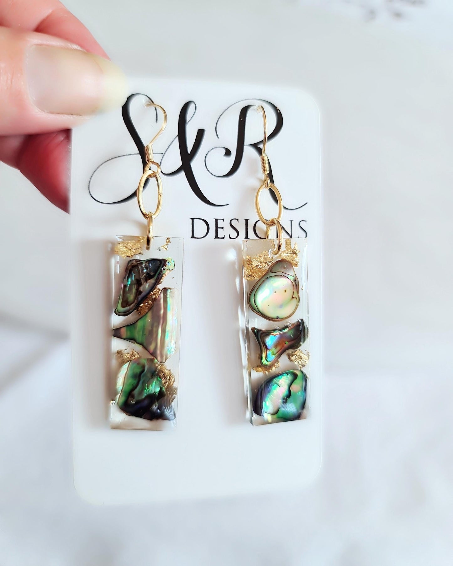 Natural Paua Shell Gold Leaf Bar Drop Earrings, Beach Paua Abalone Shell Bar Dangles, Handmade Resin, Statement Earring