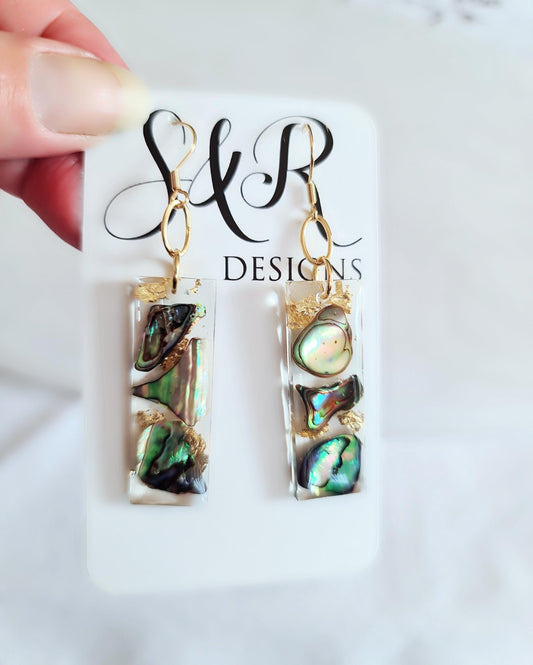 Natural Paua Shell Gold Leaf Bar Drop Earrings, Beach Paua Abalone Shell Bar Dangles, Handmade Resin, Statement Earring