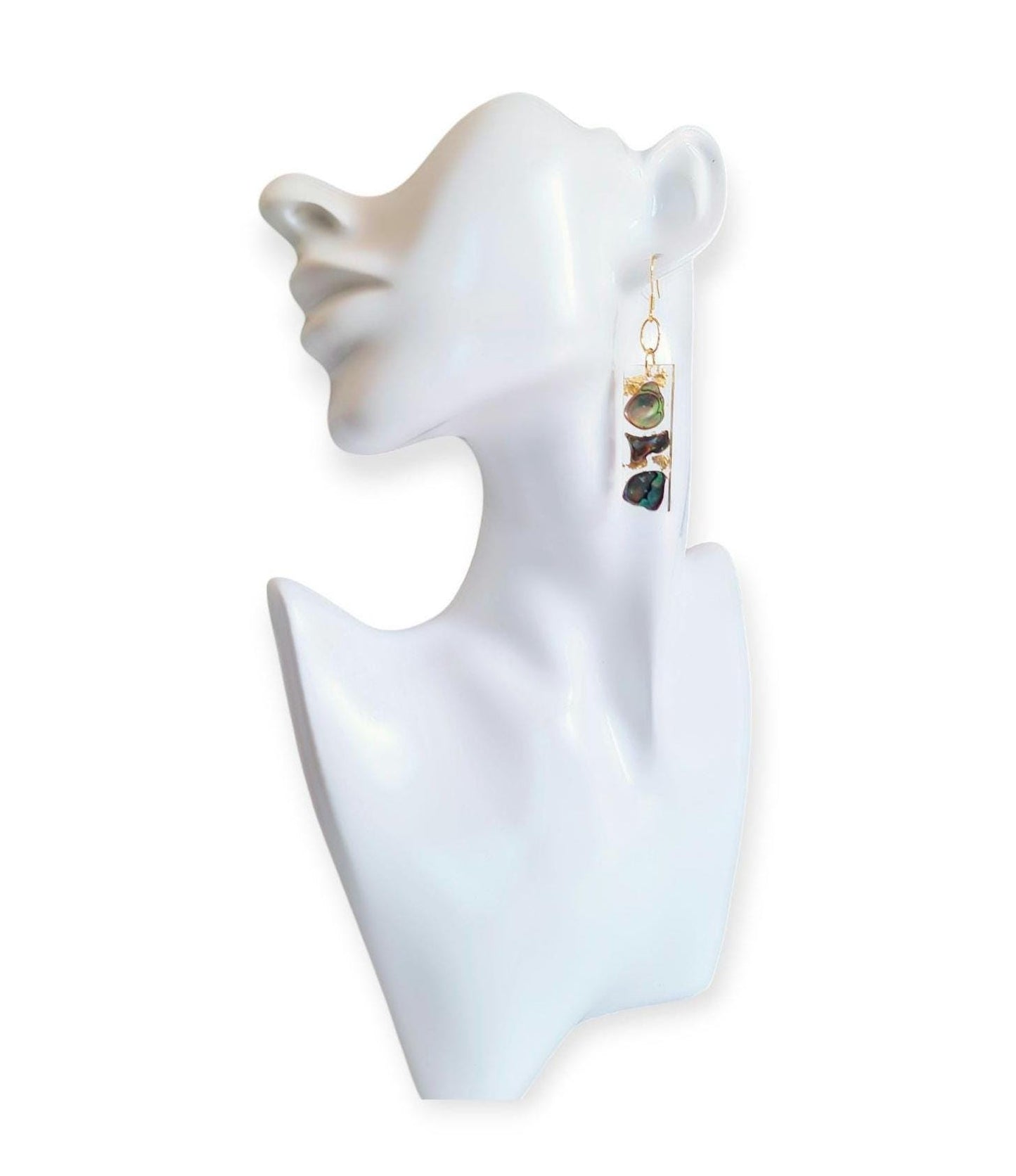 Natural Paua Shell Gold Leaf Bar Drop Earrings, Beach Paua Abalone Shell Bar Dangles, Handmade Resin, Statement Earring