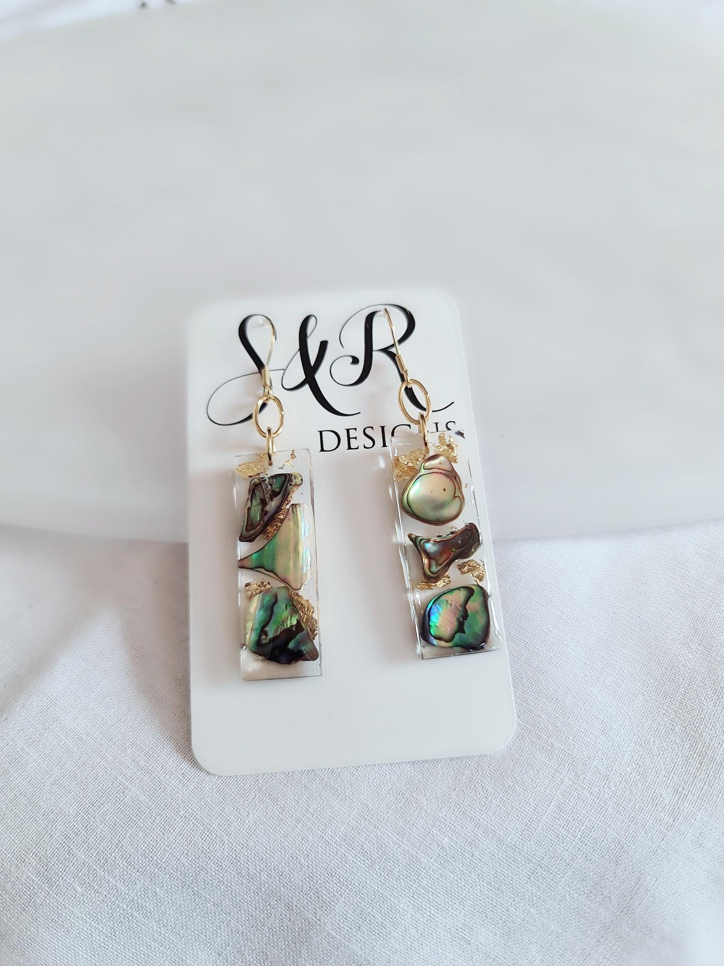 Natural Paua Shell Gold Leaf Bar Drop Earrings, Beach Paua Abalone Shell Bar Dangles, Handmade Resin, Statement Earring