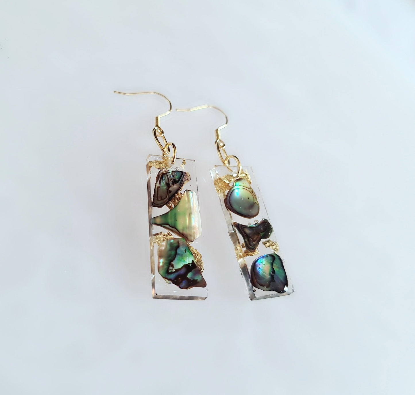 Natural Paua Shell Gold Leaf Bar Drop Earrings, Beach Paua Abalone Shell Bar Dangles, Handmade Resin, Statement Earring