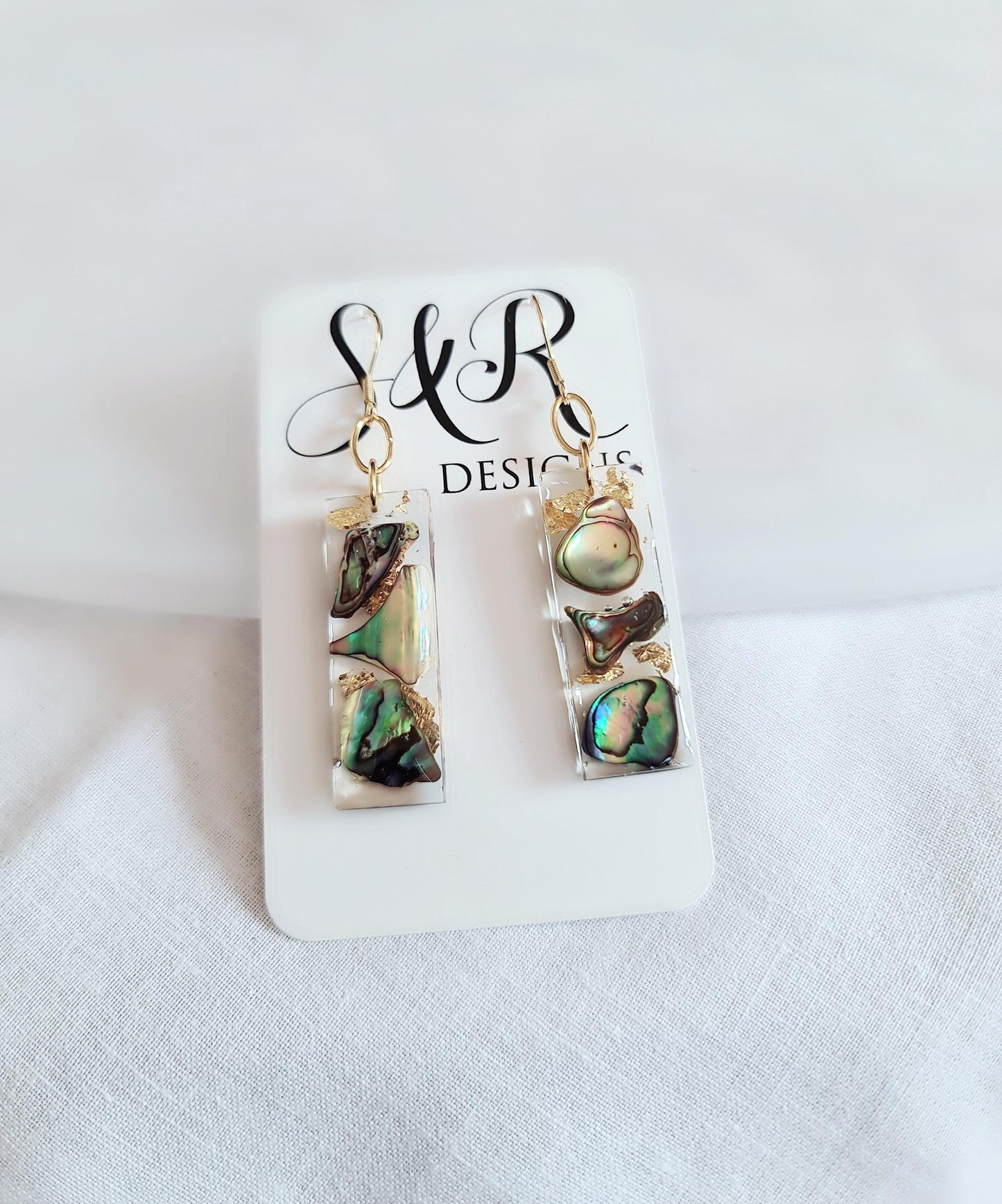 Natural Paua Shell Gold Leaf Bar Drop Earrings, Beach Paua Abalone Shell Bar Dangles, Handmade Resin, Statement Earring