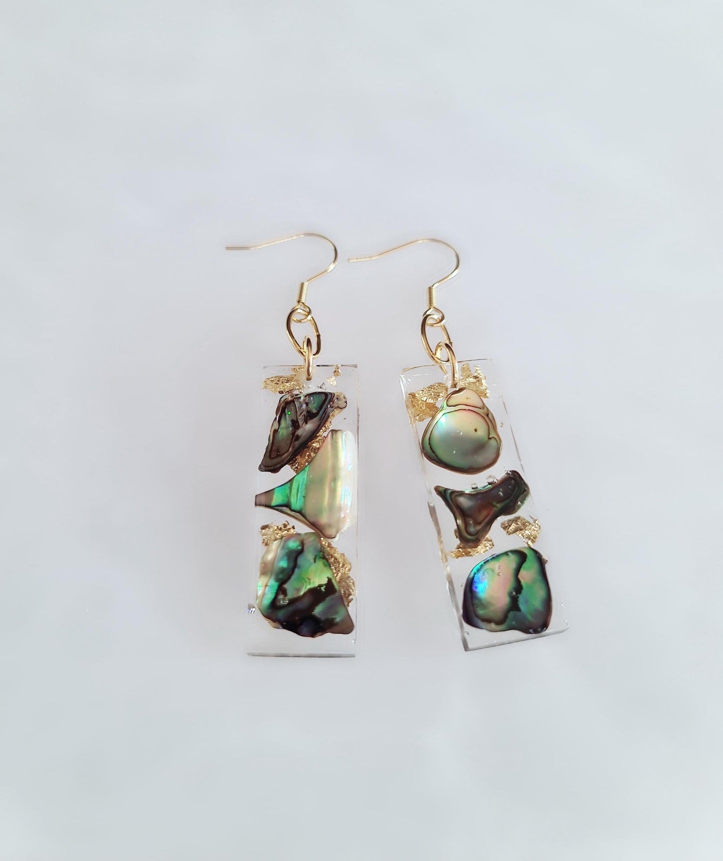 Natural Paua Shell Gold Leaf Bar Drop Earrings, Beach Paua Abalone Shell Bar Dangles, Handmade Resin, Statement Earring