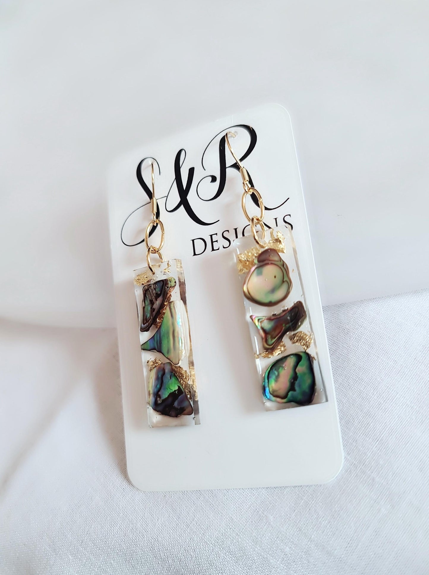 Natural Paua Shell Gold Leaf Bar Drop Earrings, Beach Paua Abalone Shell Bar Dangles, Handmade Resin, Statement Earring