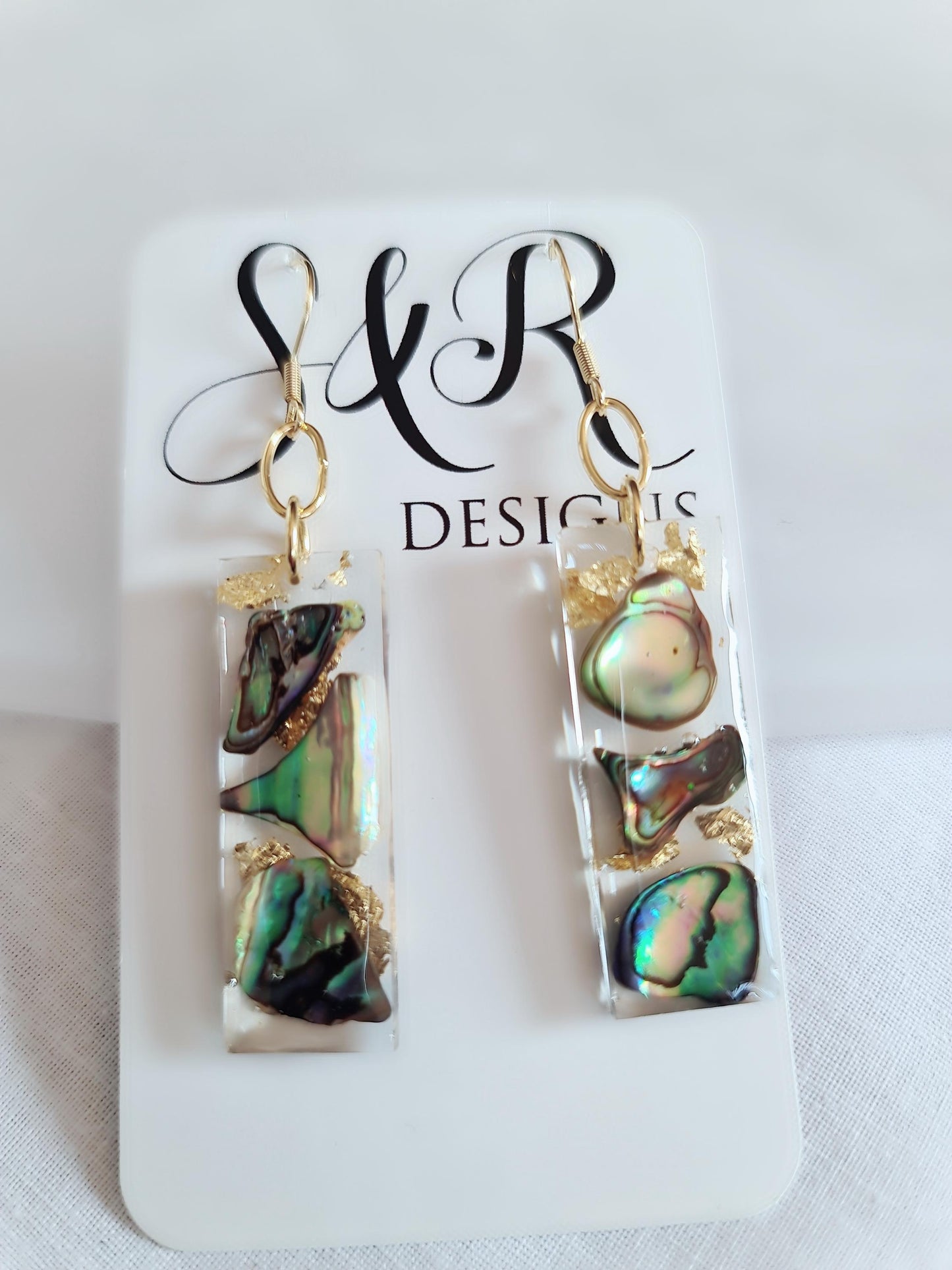 Natural Paua Shell Gold Leaf Bar Drop Earrings, Beach Paua Abalone Shell Bar Dangles, Handmade Resin, Statement Earring