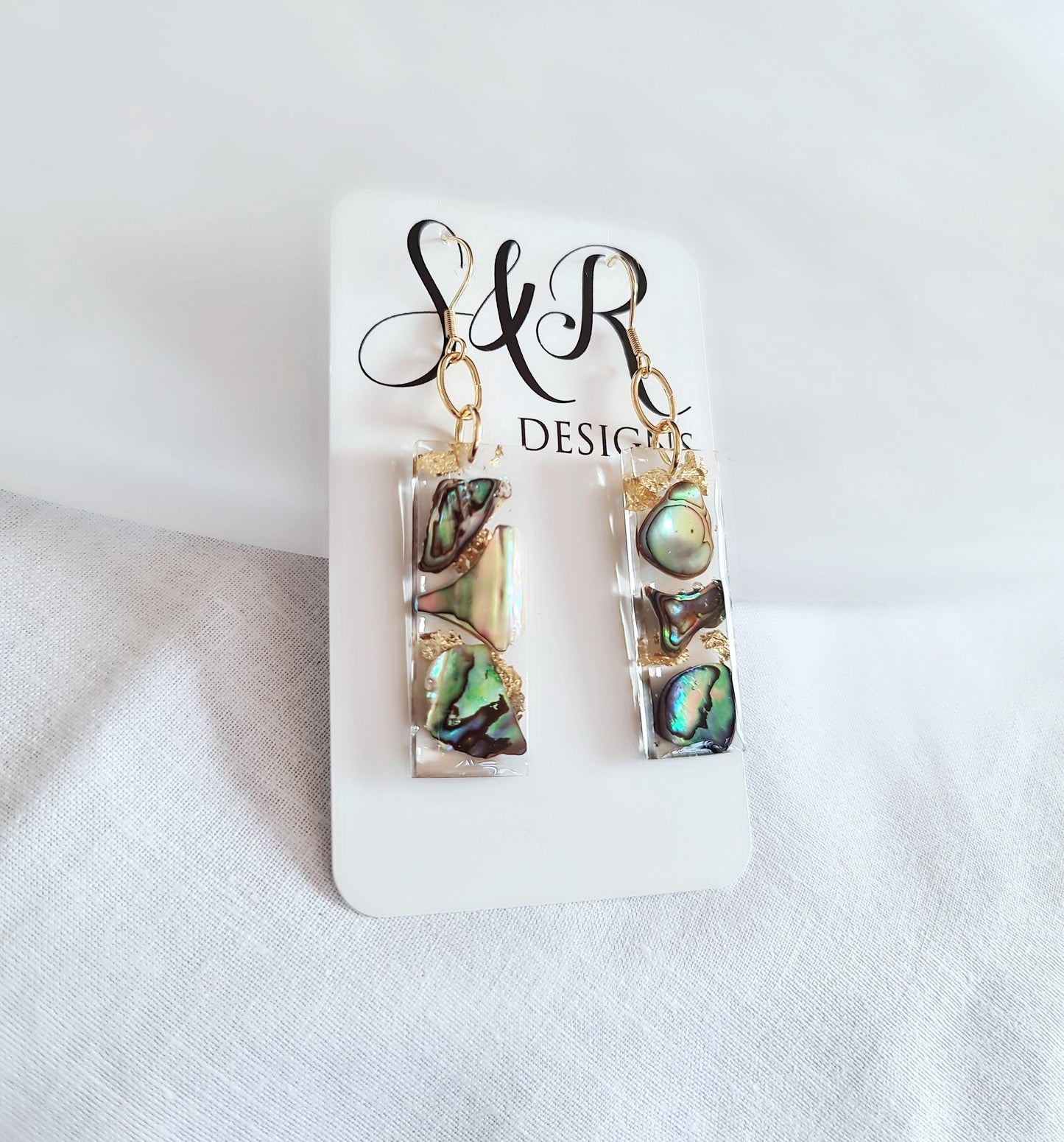 Natural Paua Shell Gold Leaf Bar Drop Earrings, Beach Paua Abalone Shell Bar Dangles, Handmade Resin, Statement Earring