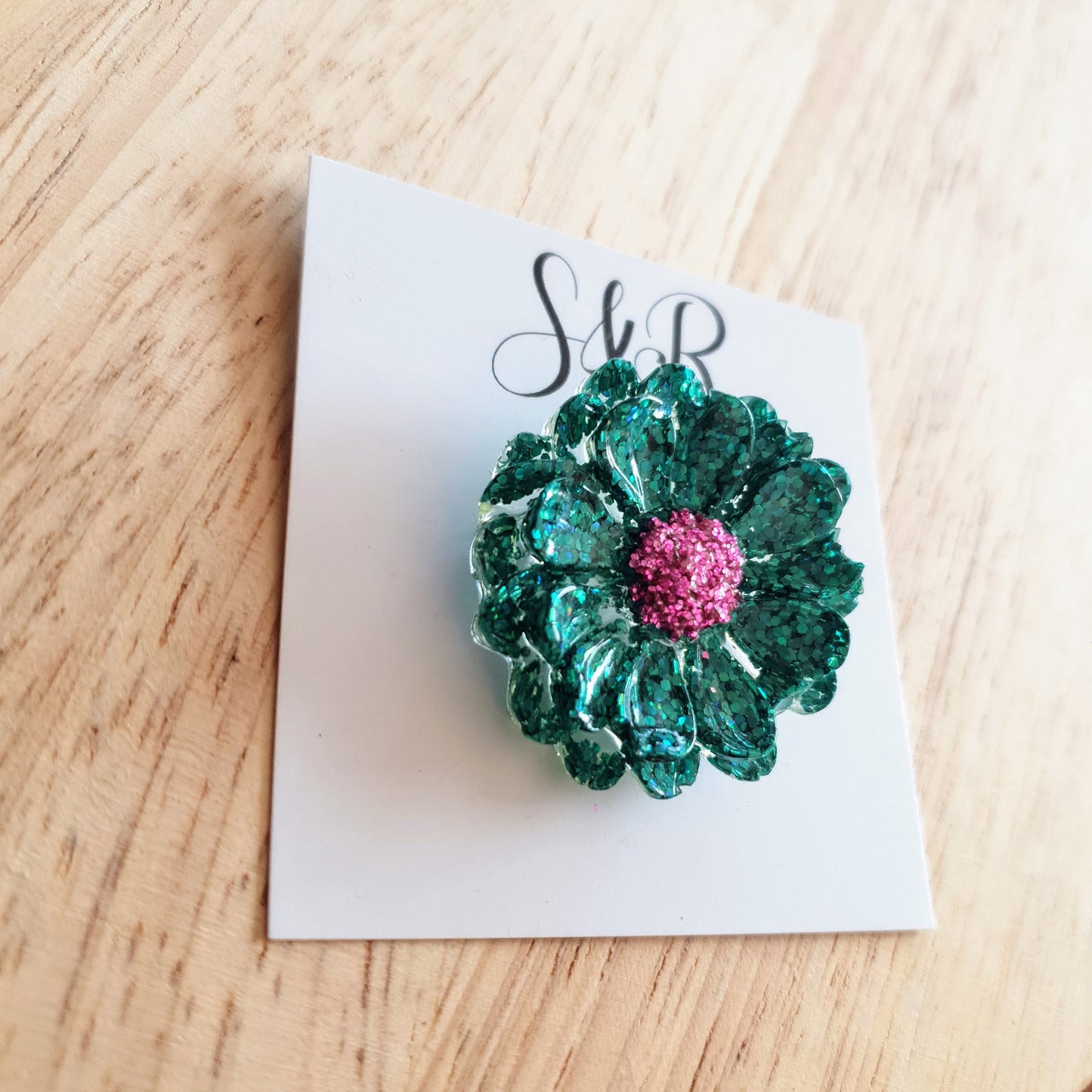 Flower Pin Brooch, Resin Green Pink Flower Brooch with Stainless Steel Pin