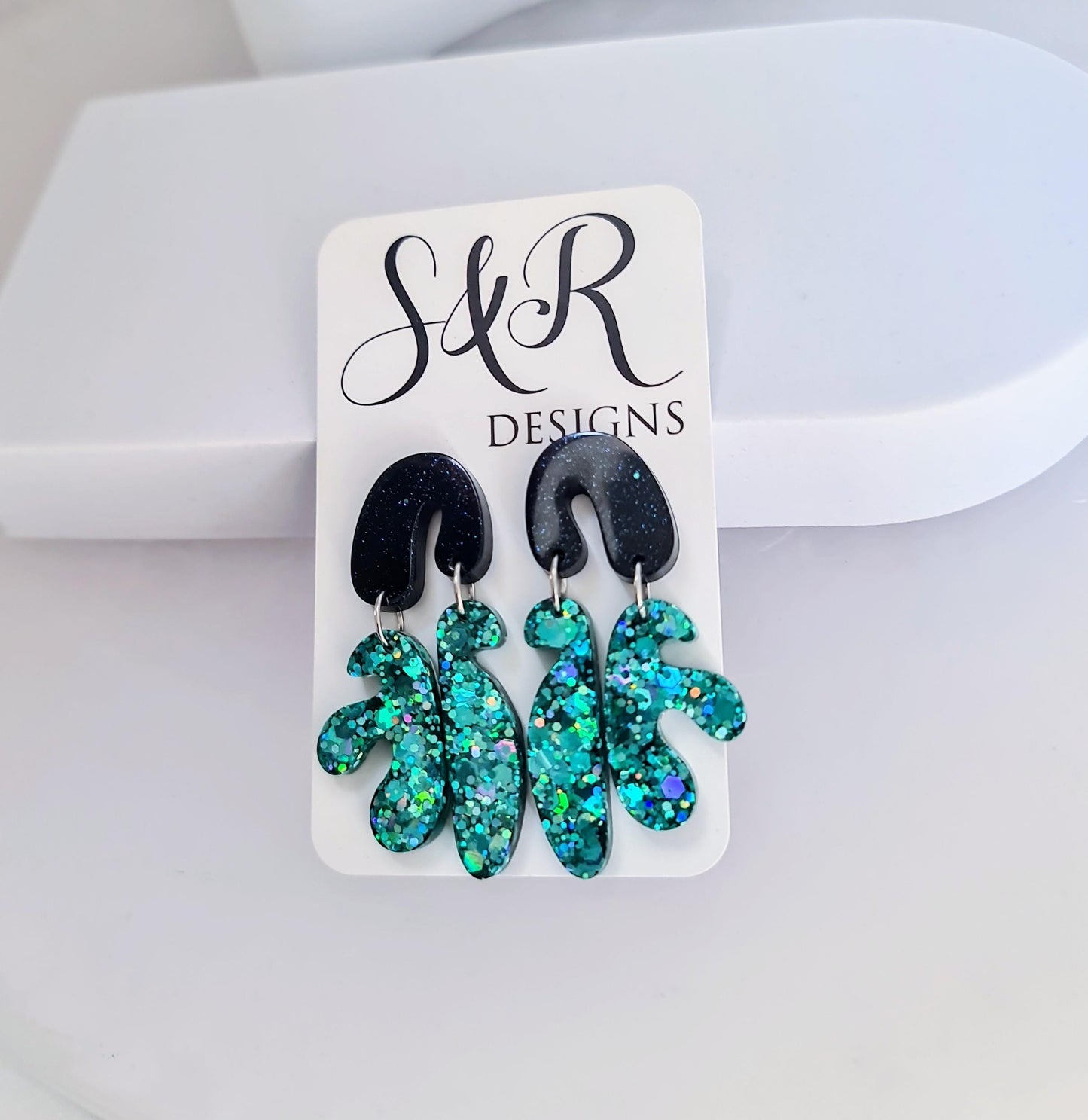 Bold Glitter Resin Dangle Earrings, Abstract Statement Earrings, Hypoallergenic Posts, Emerald Teal Sparkle, Lightweight Party Jewellery