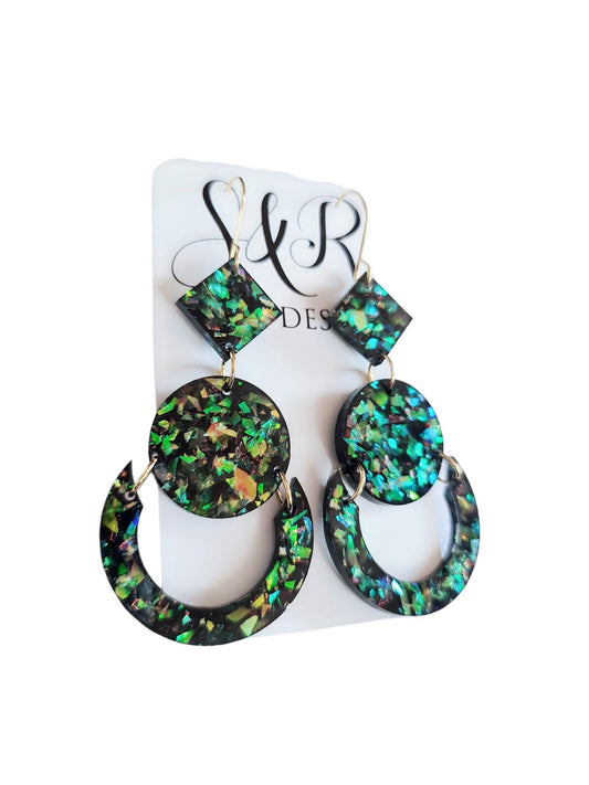 Green Opal Look Circle Dangle Drop Earrings, Glitter Circle Geometric Dangles, Statement Earrings