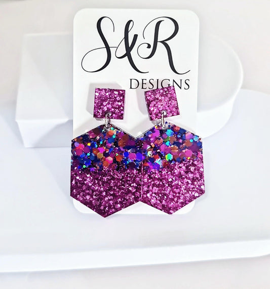 Purple Hexagon Square Dangle Drop Earrings, Blue Pink Aqua Purple Glitter Mix, Resin Handmade Stud Earrings, Statement Earrings