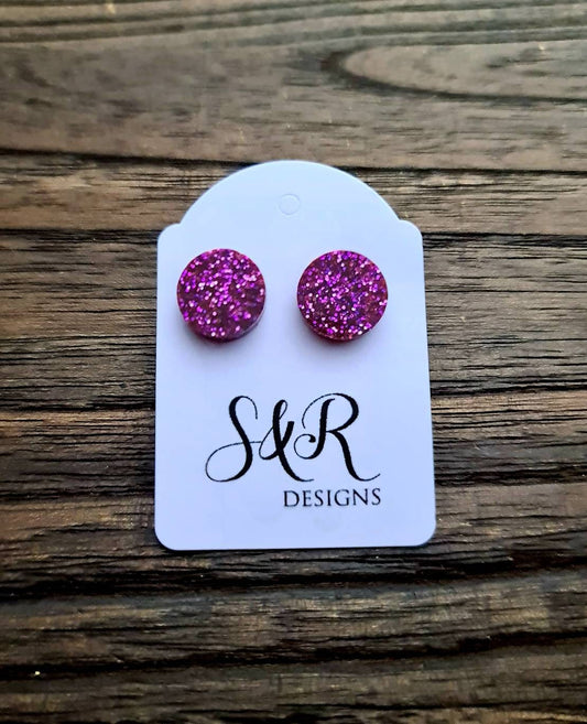Circle Dot Resin Stud Earrings, Pink Glitter Earrings. Stainless Steel Stud Earrings. 12mm, 10mm or 8mm