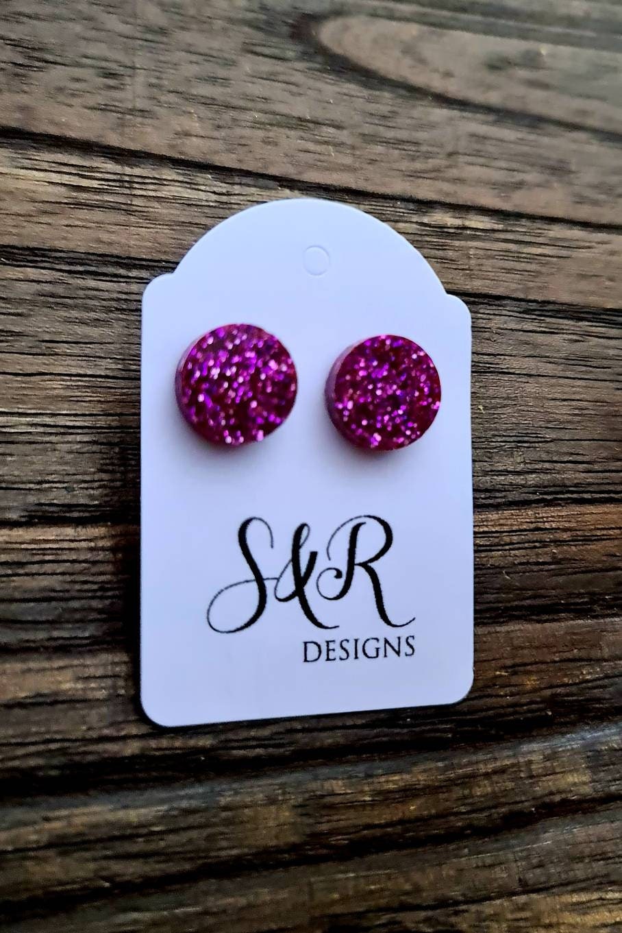Circle Dot Resin Stud Earrings, Pink Glitter Earrings. Stainless Steel Stud Earrings. 12mm, 10mm or 8mm