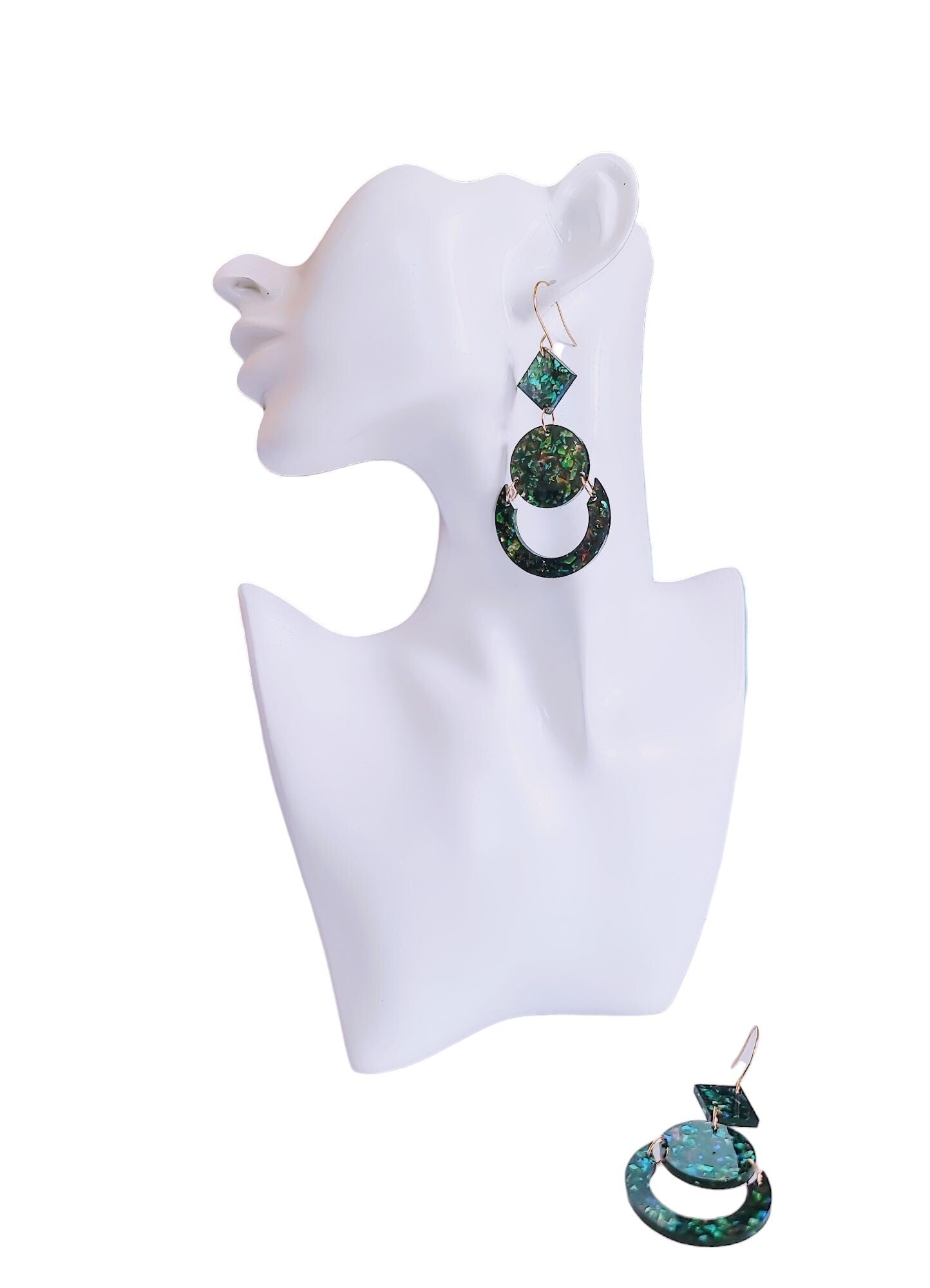 Green Opal Look Circle Dangle Drop Earrings, Glitter Circle Geometric Dangles, Statement Earrings