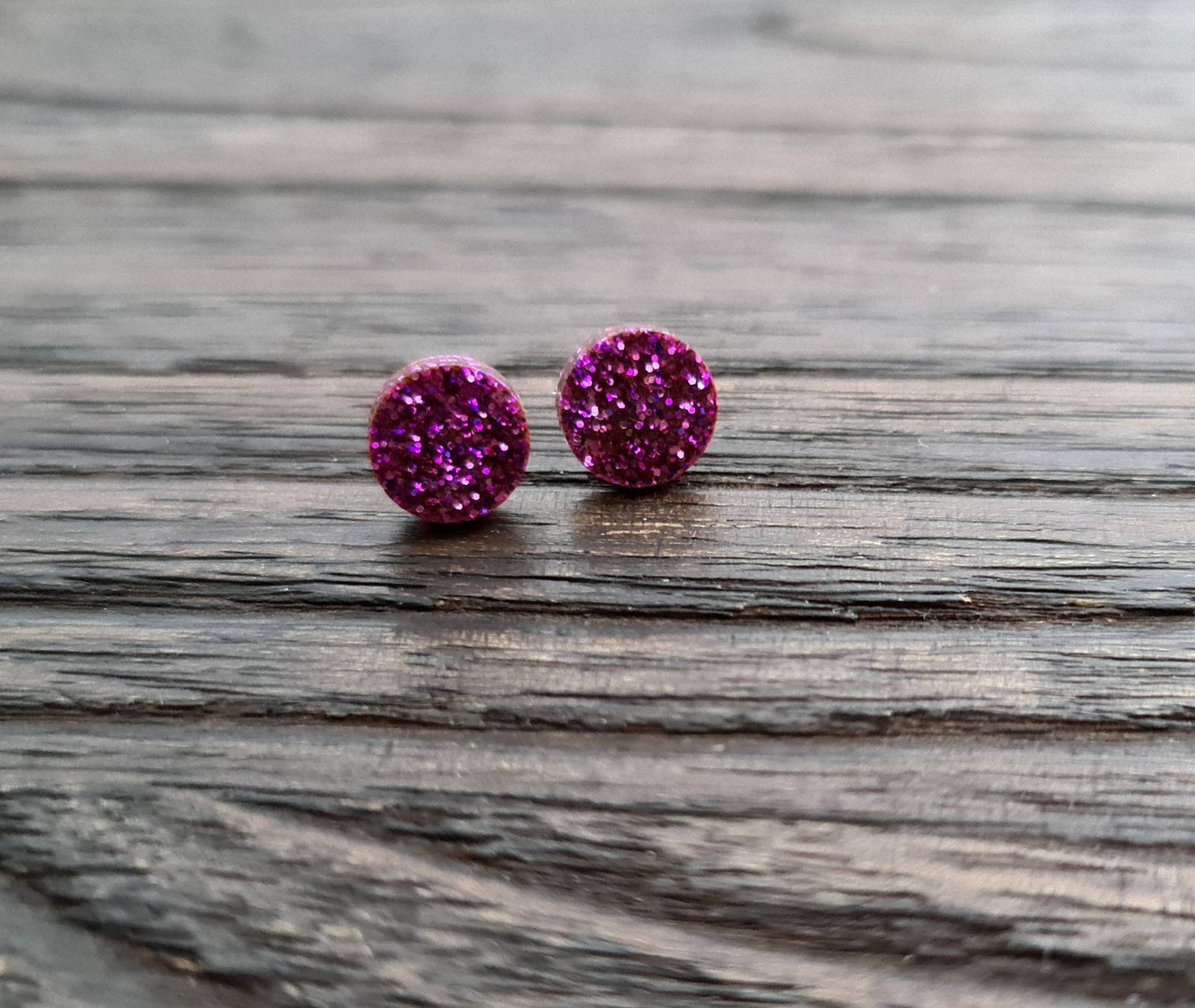 Circle Dot Resin Stud Earrings, Pink Glitter Earrings. Stainless Steel Stud Earrings. 12mm, 10mm or 8mm