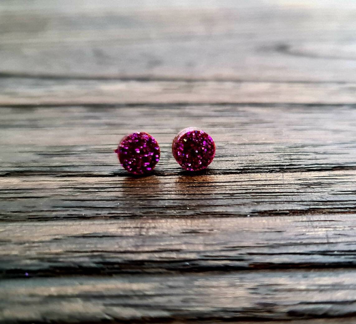 Circle Dot Resin Stud Earrings, Pink Glitter Earrings. Stainless Steel Stud Earrings. 12mm, 10mm or 8mm