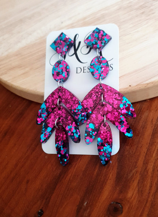 Glamour Pink Leaves Long Drop Earrings. Hot Pink and Aqua glitter resin sparkly dangles, Statement Chandelier made with Stainless Steel