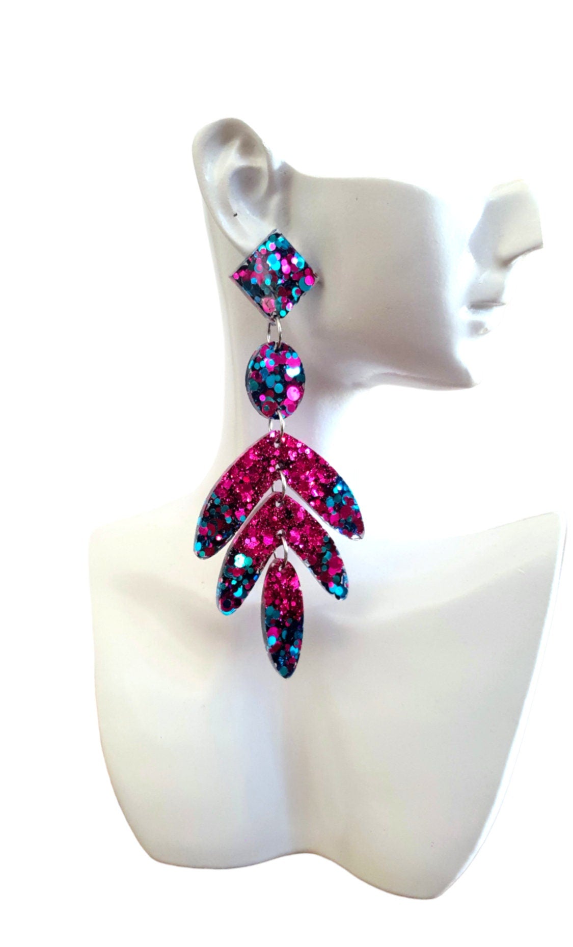 Glamour Pink Leaves Long Drop Earrings. Hot Pink and Aqua glitter resin sparkly dangles, Statement Chandelier made with Stainless Steel