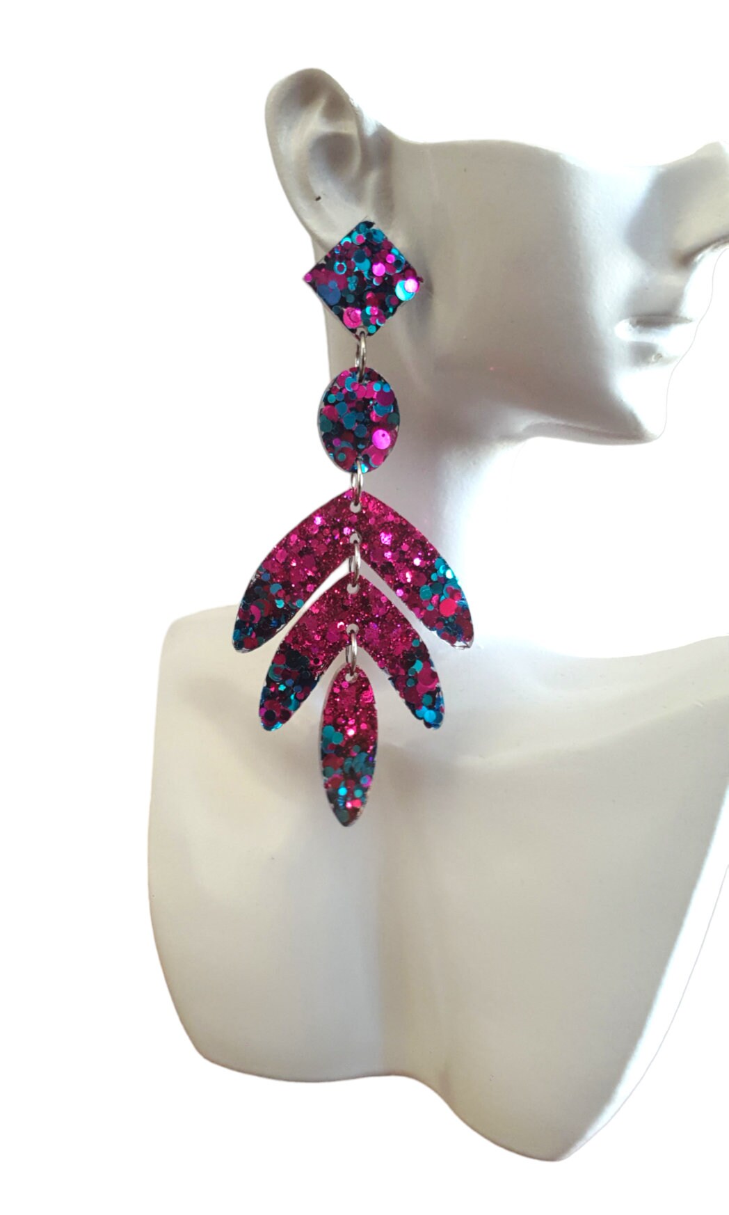 Glamour Pink Leaves Long Drop Earrings. Hot Pink and Aqua glitter resin sparkly dangles, Statement Chandelier made with Stainless Steel