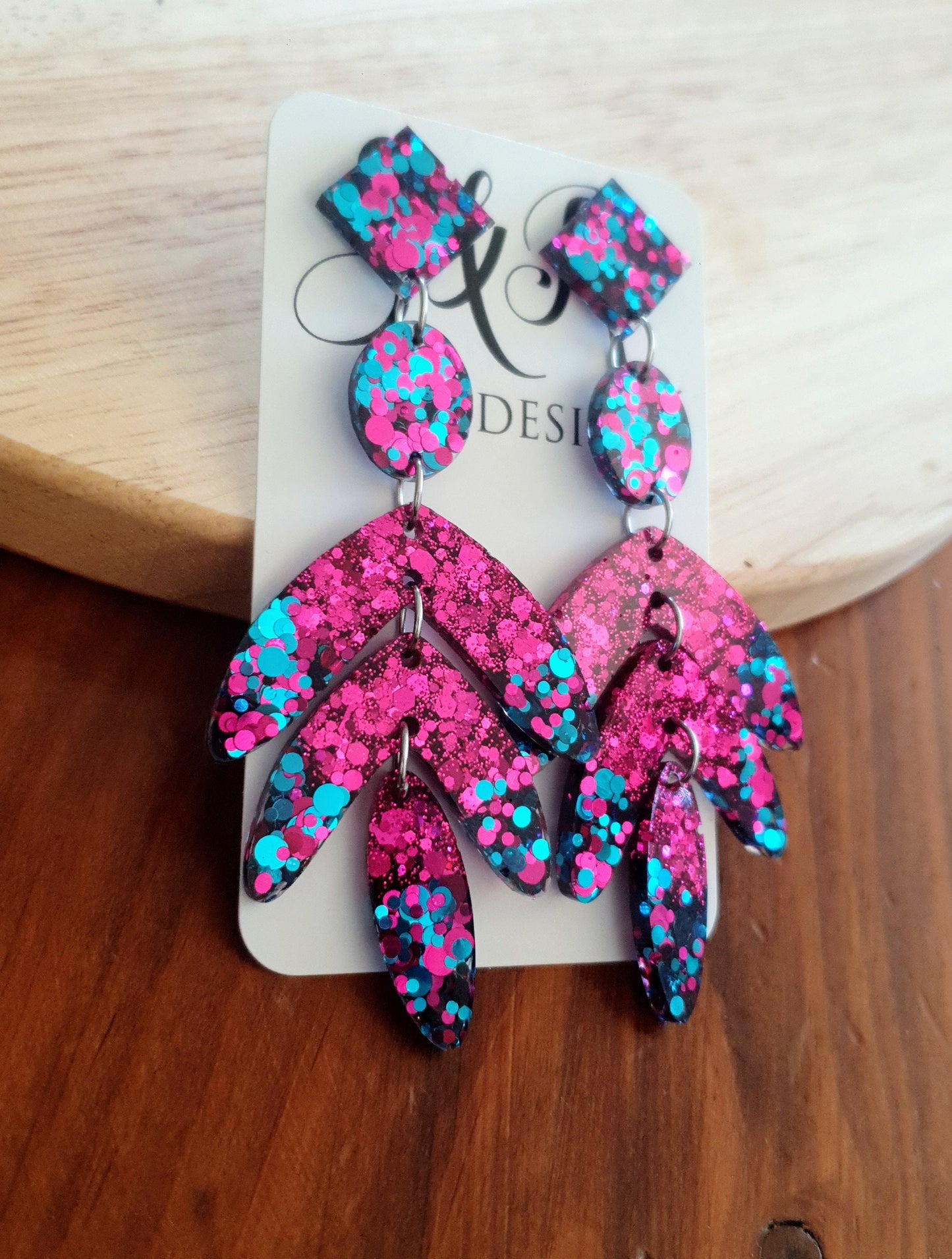Glamour Pink Leaves Long Drop Earrings. Hot Pink and Aqua glitter resin sparkly dangles, Statement Chandelier made with Stainless Steel