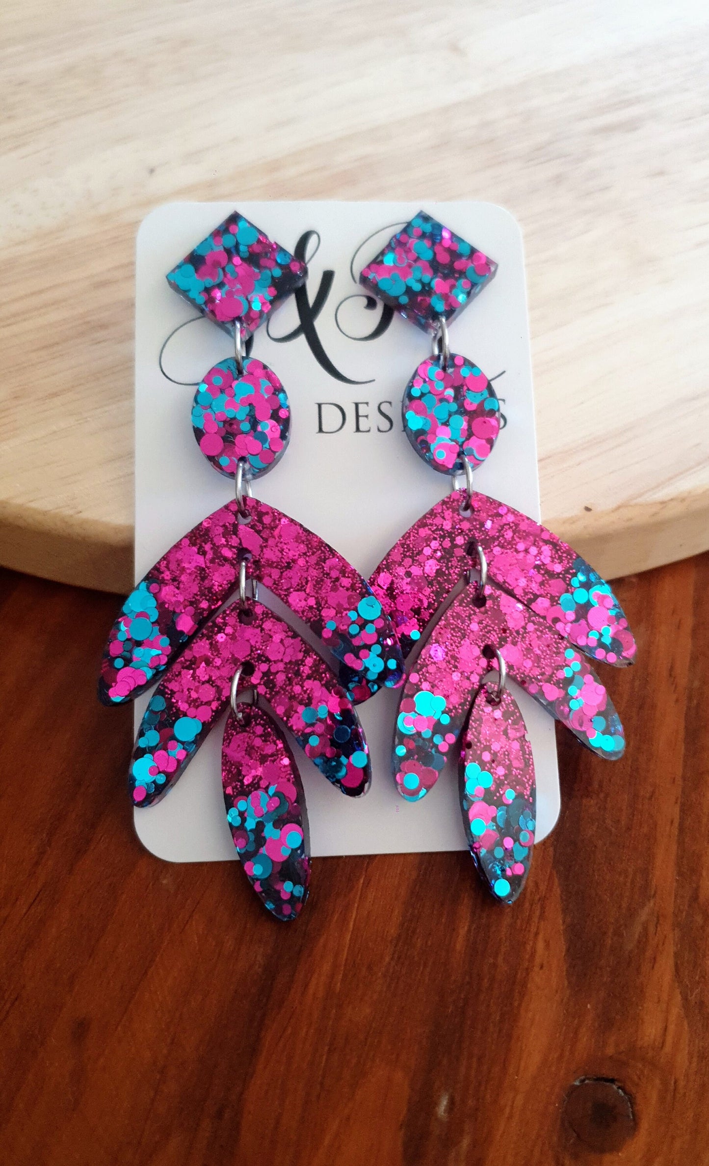 Glamour Pink Leaves Long Drop Earrings. Hot Pink and Aqua glitter resin sparkly dangles, Statement Chandelier made with Stainless Steel