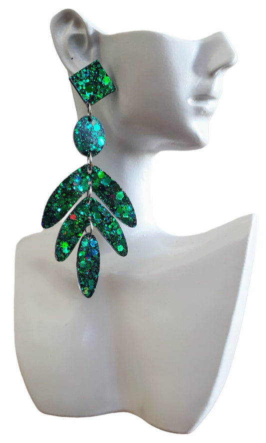 Dazzle in these Ocean Green Leaves Long Drop Earrings. Blue-green chameleon changing glitter resin dangles, Stunning Chandelier Statement