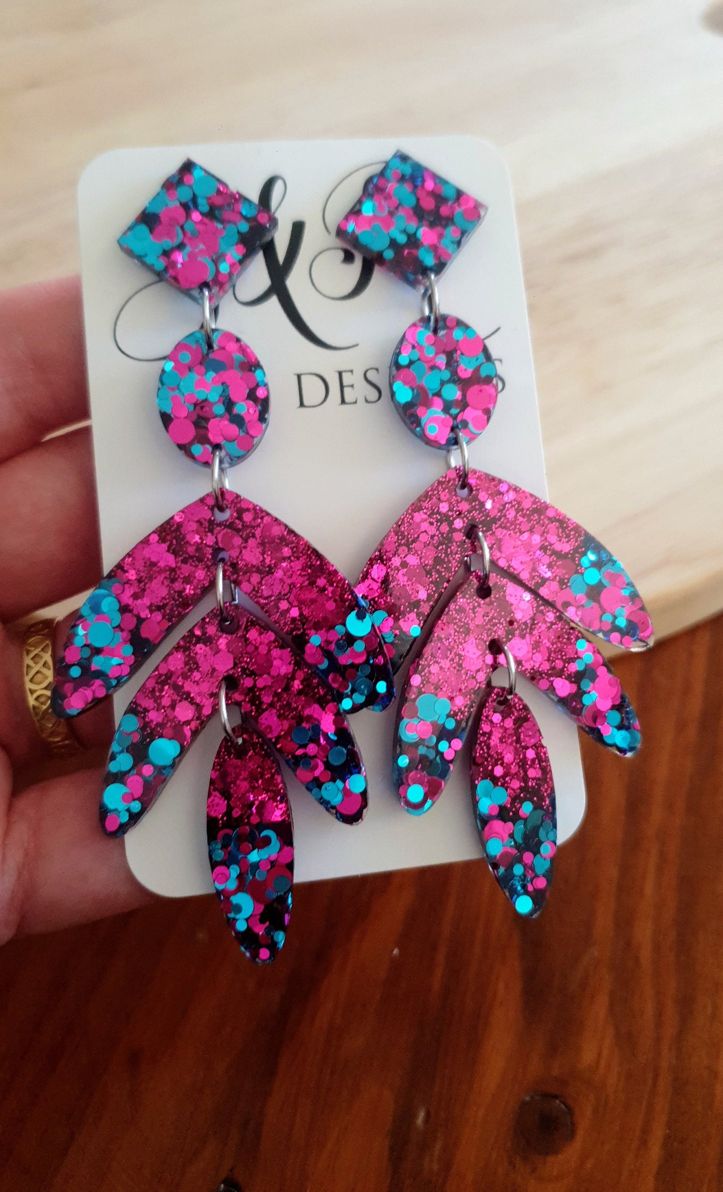 Glamour Pink Leaves Long Drop Earrings. Hot Pink and Aqua glitter resin sparkly dangles, Statement Chandelier made with Stainless Steel