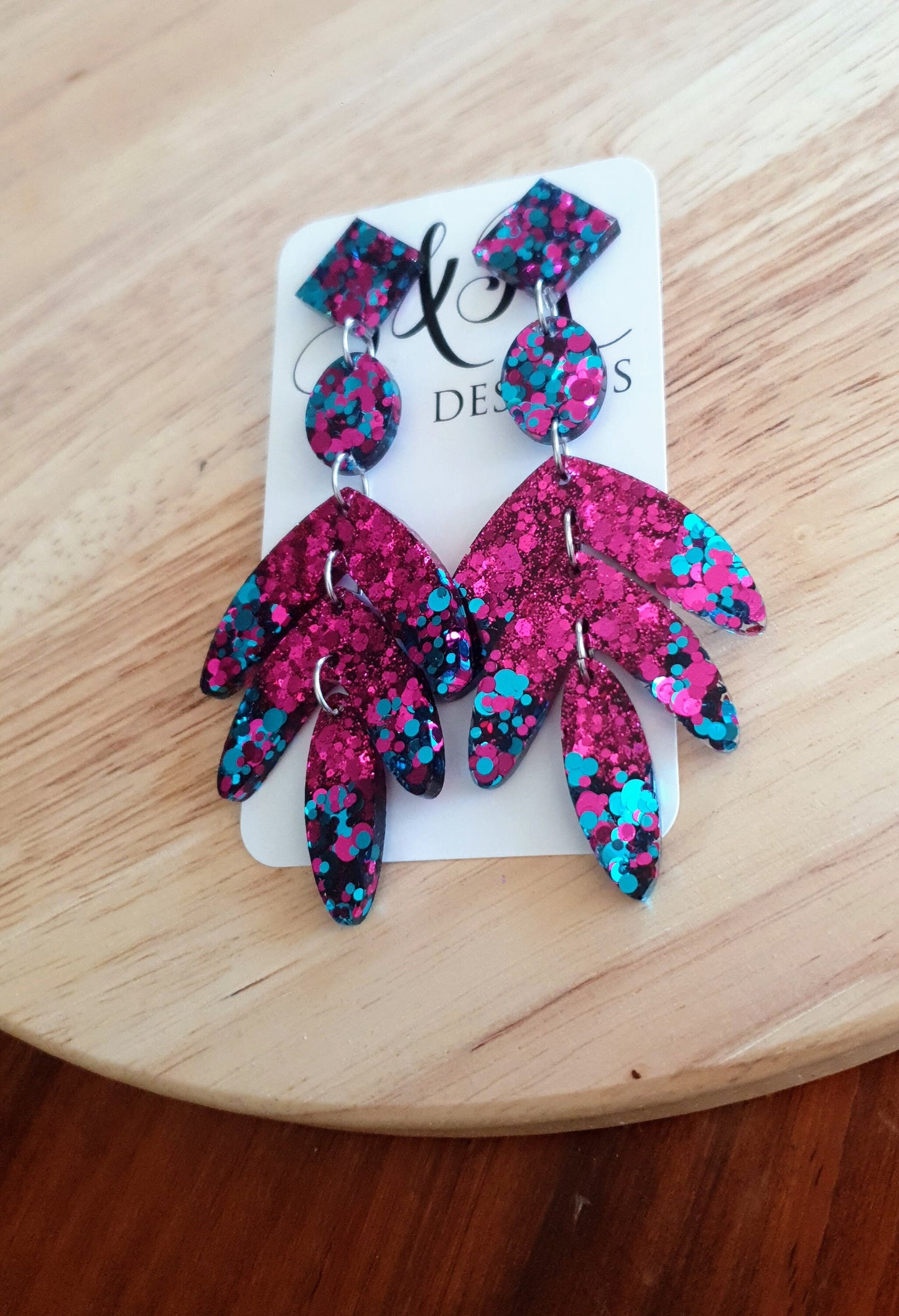 Glamour Pink Leaves Long Drop Earrings. Hot Pink and Aqua glitter resin sparkly dangles, Statement Chandelier made with Stainless Steel
