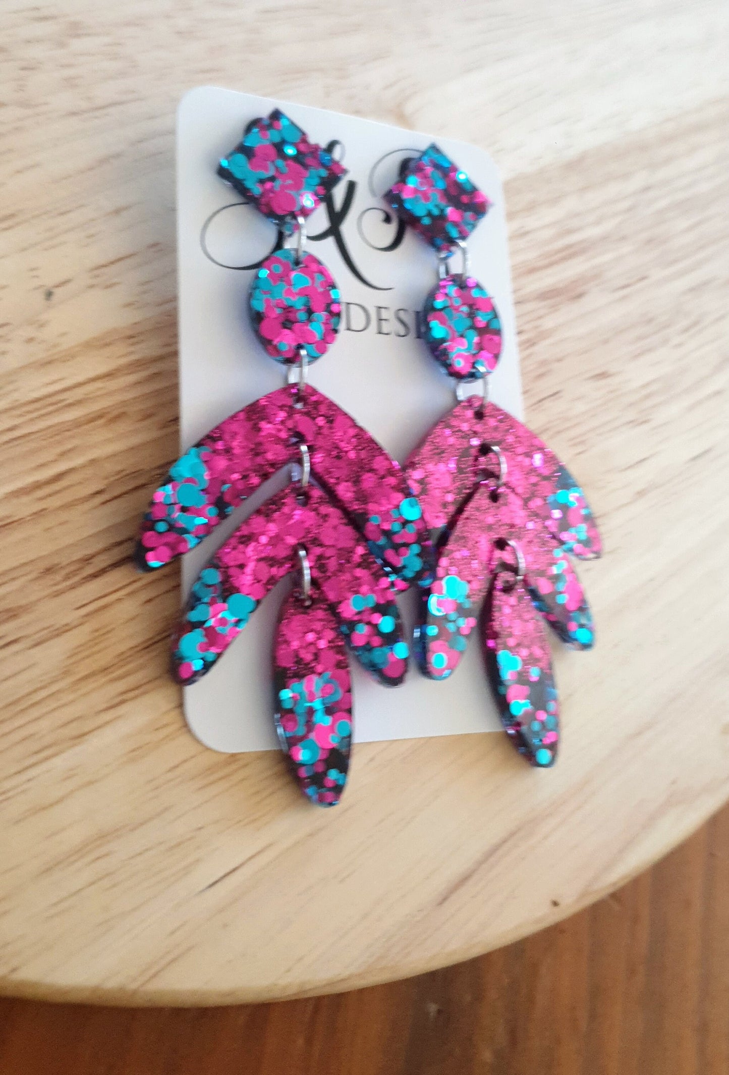 Glamour Pink Leaves Long Drop Earrings. Hot Pink and Aqua glitter resin sparkly dangles, Statement Chandelier made with Stainless Steel